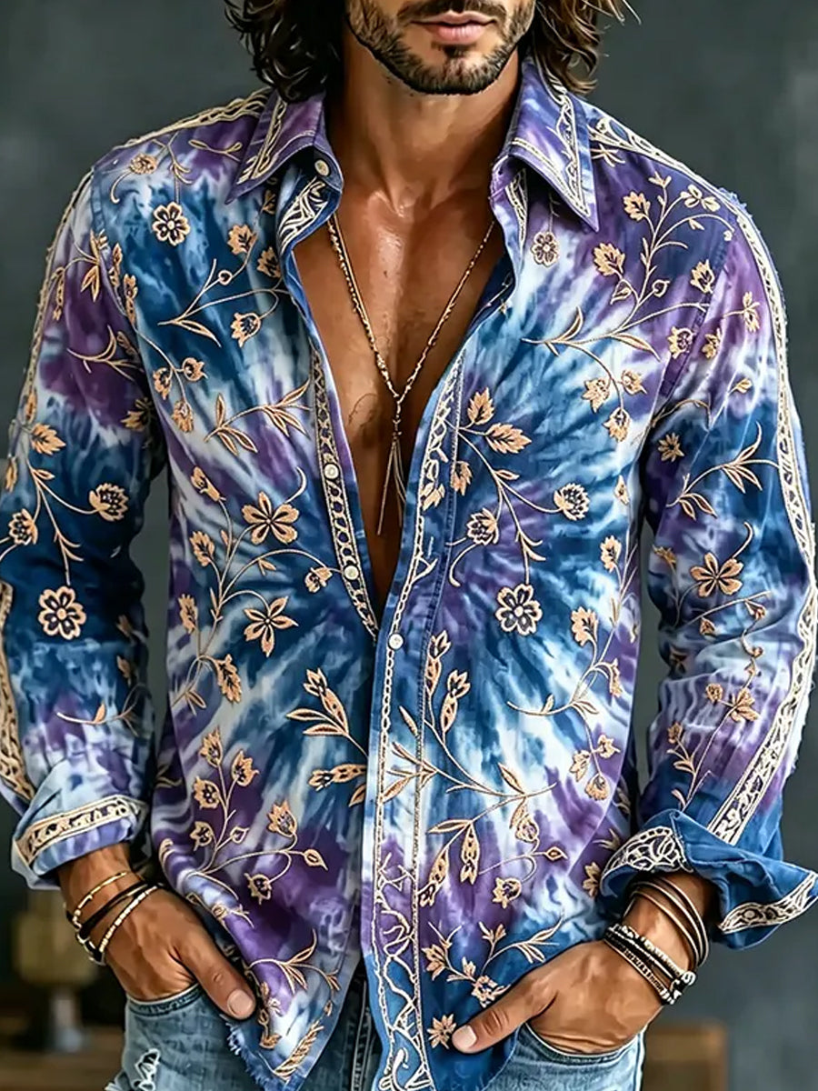 Men's Retro Abstract Art Print Casual Cotton-Linen Shirt