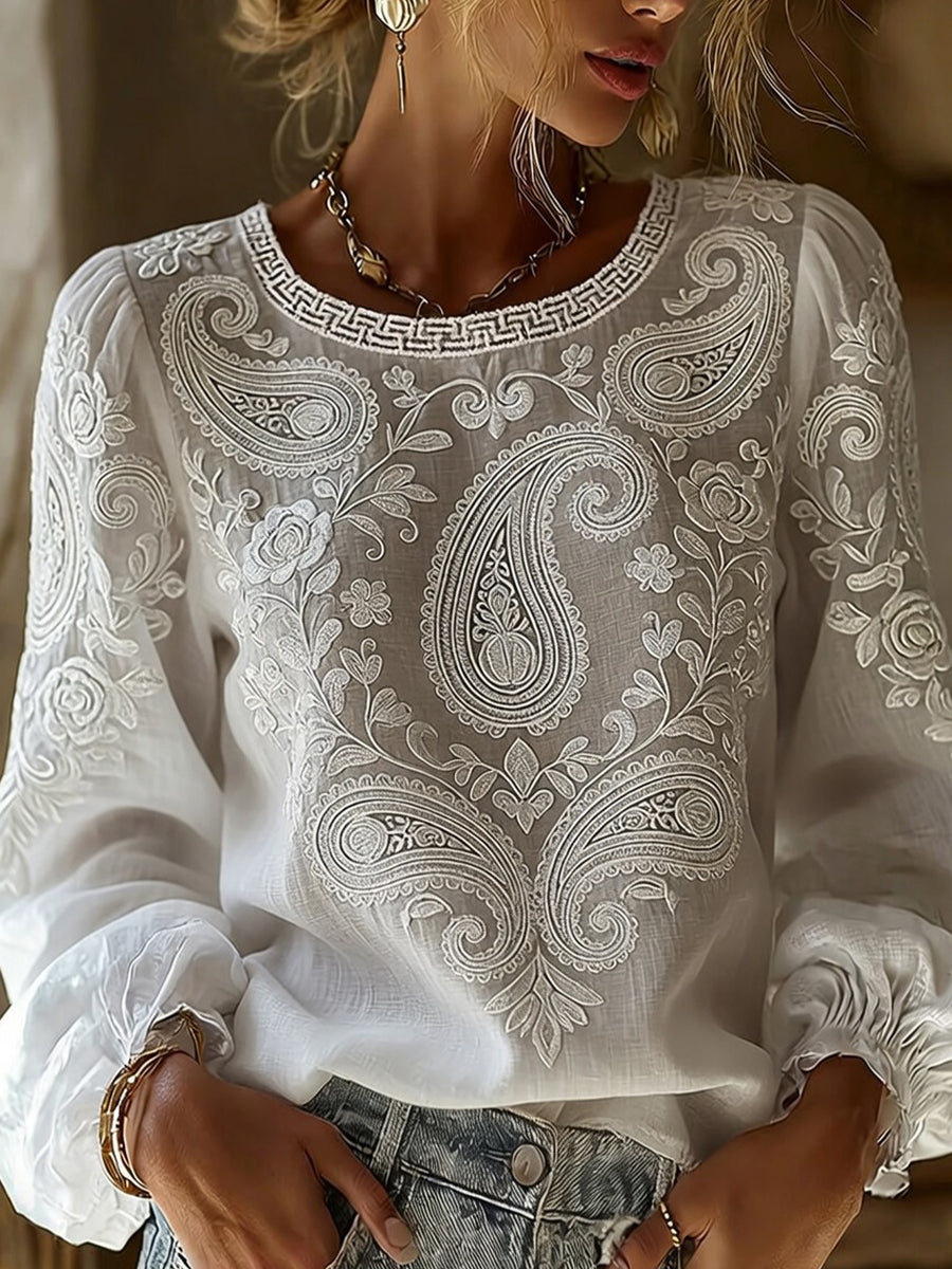 Women's Vintage Floral Art Print Casual Cotton-Linen Top