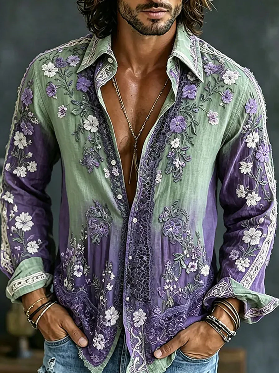 Men's Retro Abstract Art Print Casual Cotton-Linen Shirt