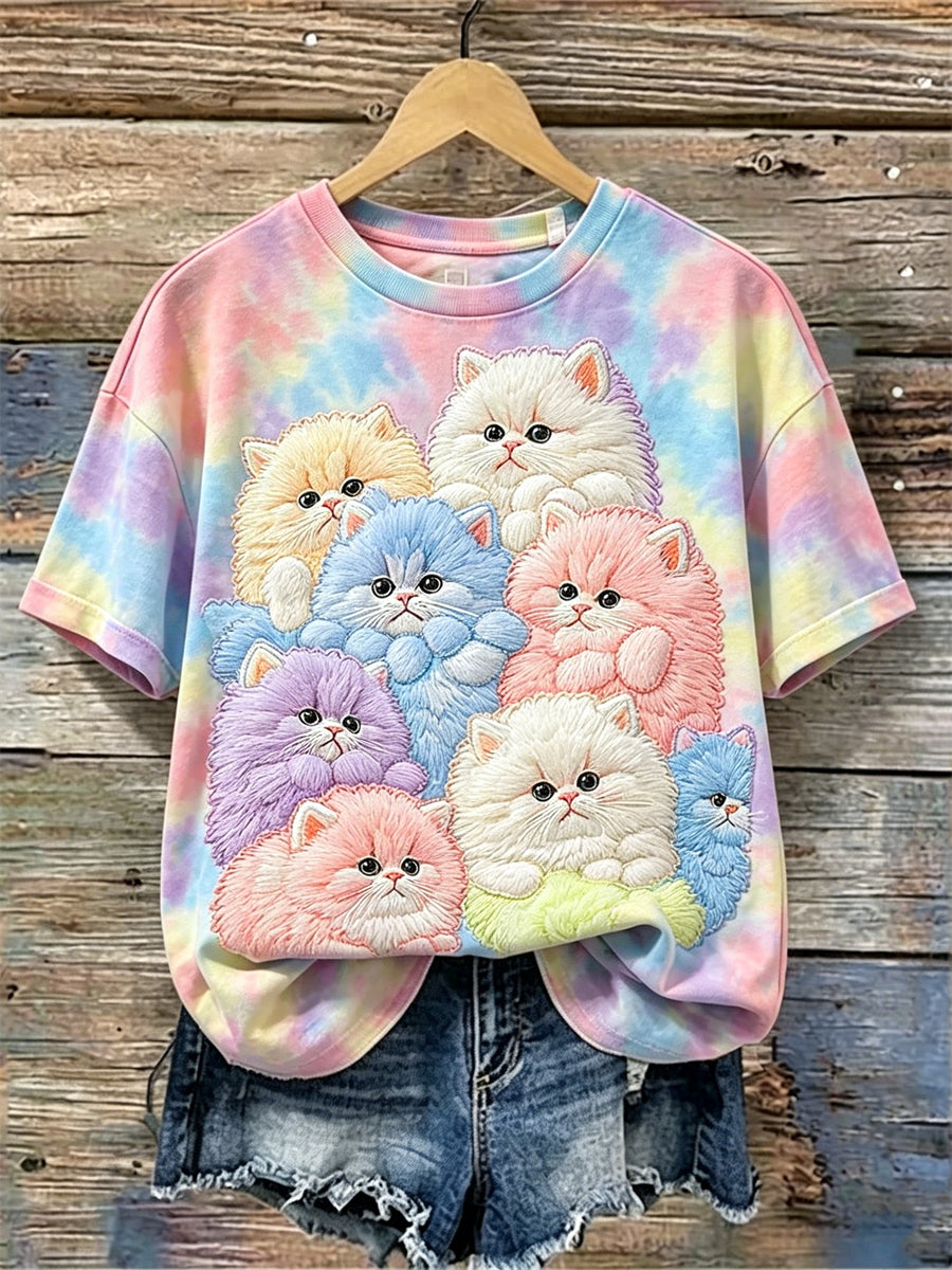 Women's Dreamy Colorful Cats Print Tie Dye short-sleeved T-shirt