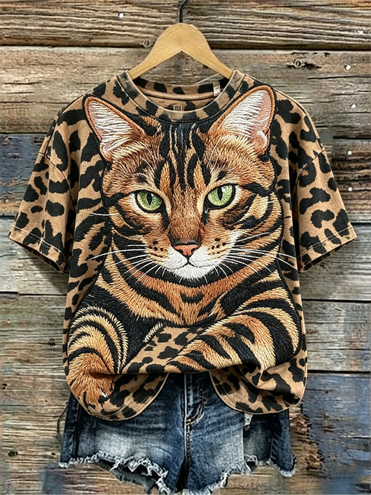 Women's Tabby Cat Leopard Pattern Print short-sleeved T-shirt