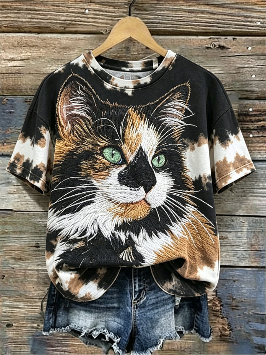 Women's Calico Cat & Cat Pattern Tie Dye Print short-sleeved T-shirt