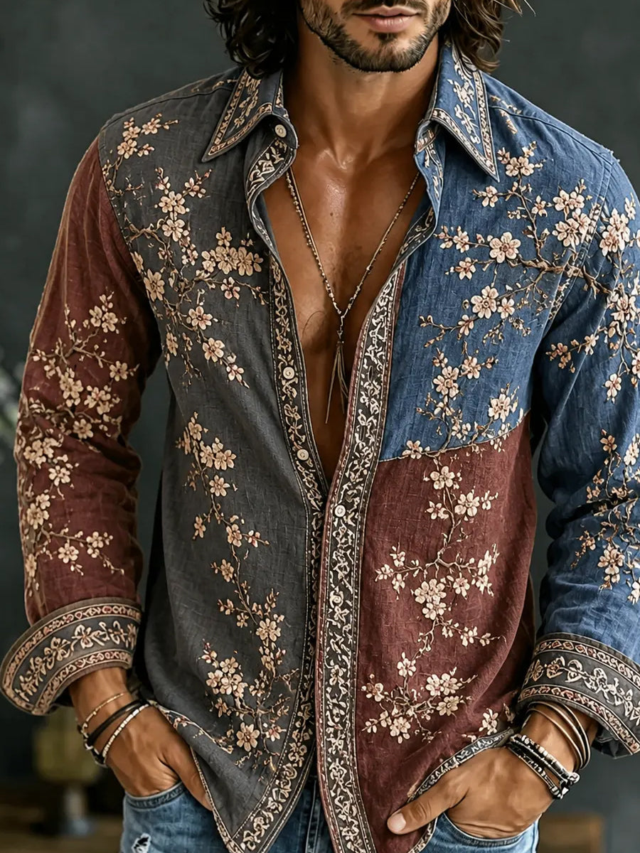 Men's Retro Abstract Art Print Casual Cotton-Linen Shirt