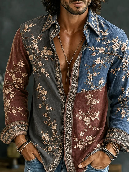 Men's Retro Abstract Art Print Casual Cotton-Linen Shirt