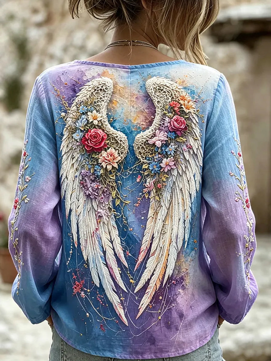 Women's Vintage Floral Art Print Casual Cotton-Linen Top