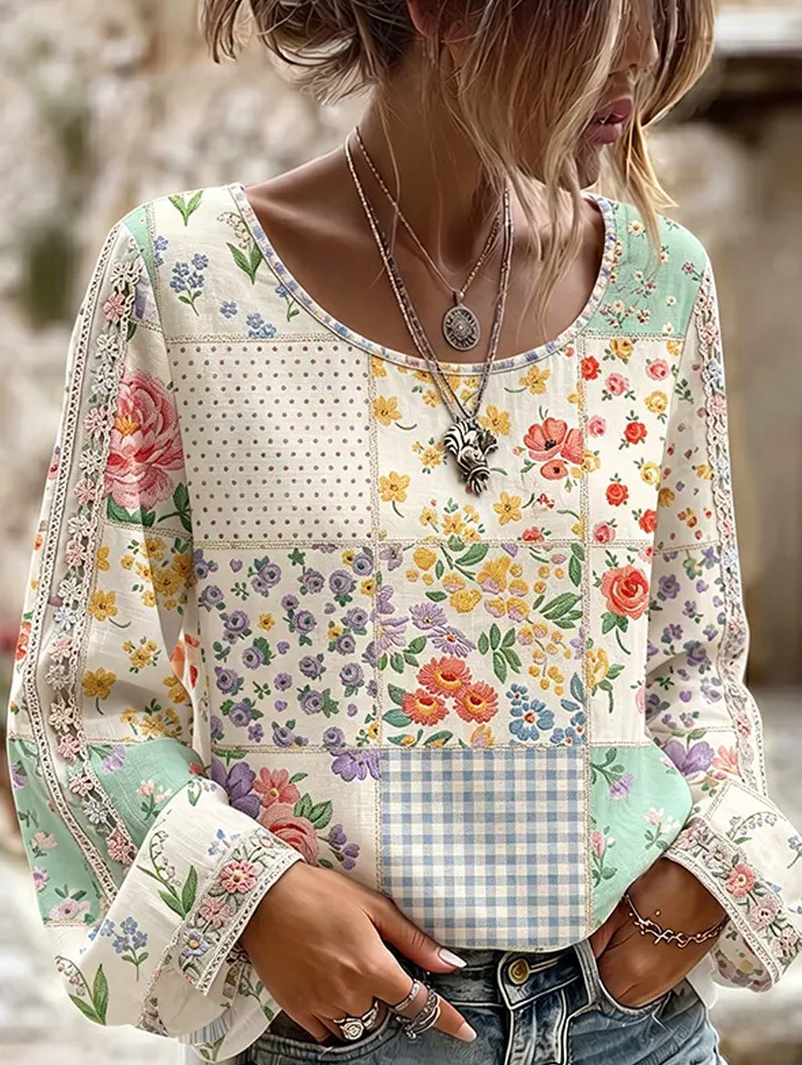 Women's Vintage Floral Art Print Casual Cotton-Linen Top