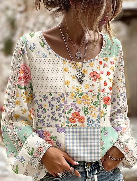 Women's Vintage Floral Art Print Casual Cotton-Linen Top
