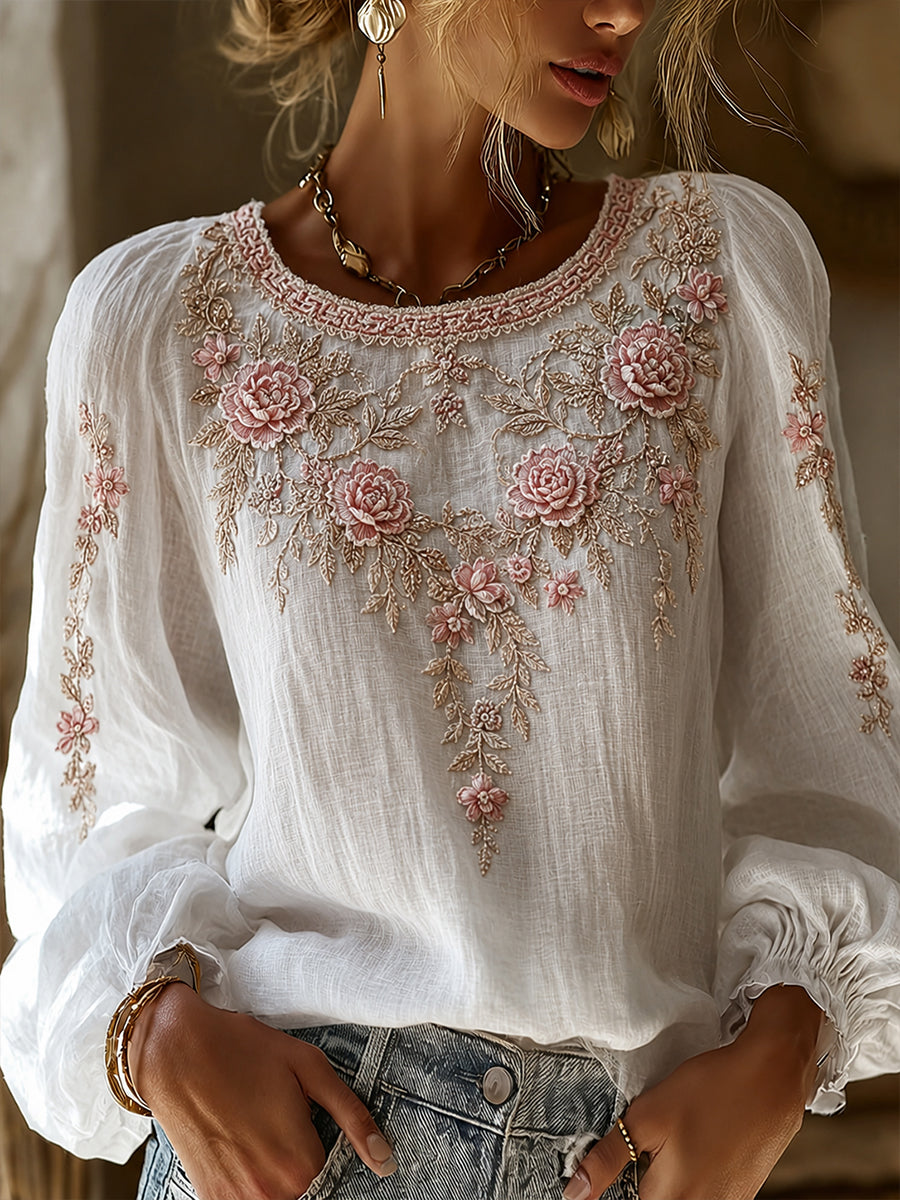 Women's Vintage Floral Art Print Casual Cotton-Linen Top