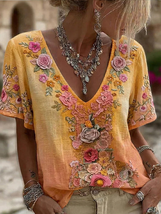 Women's Retro Embroidered Floral Art Print Casual Comfort T-shirt