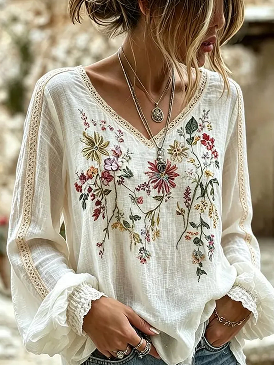 Women's Vintage Floral Art Print Casual Cotton-Linen Top