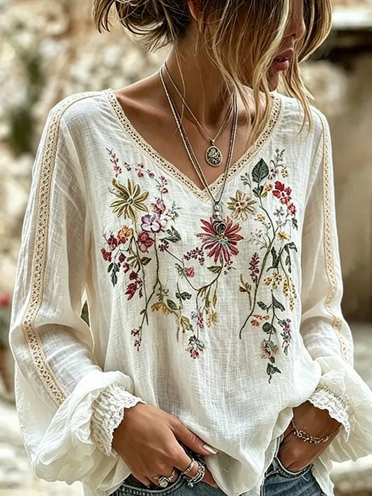 Women's Vintage Floral Art Print Casual Cotton-Linen Top