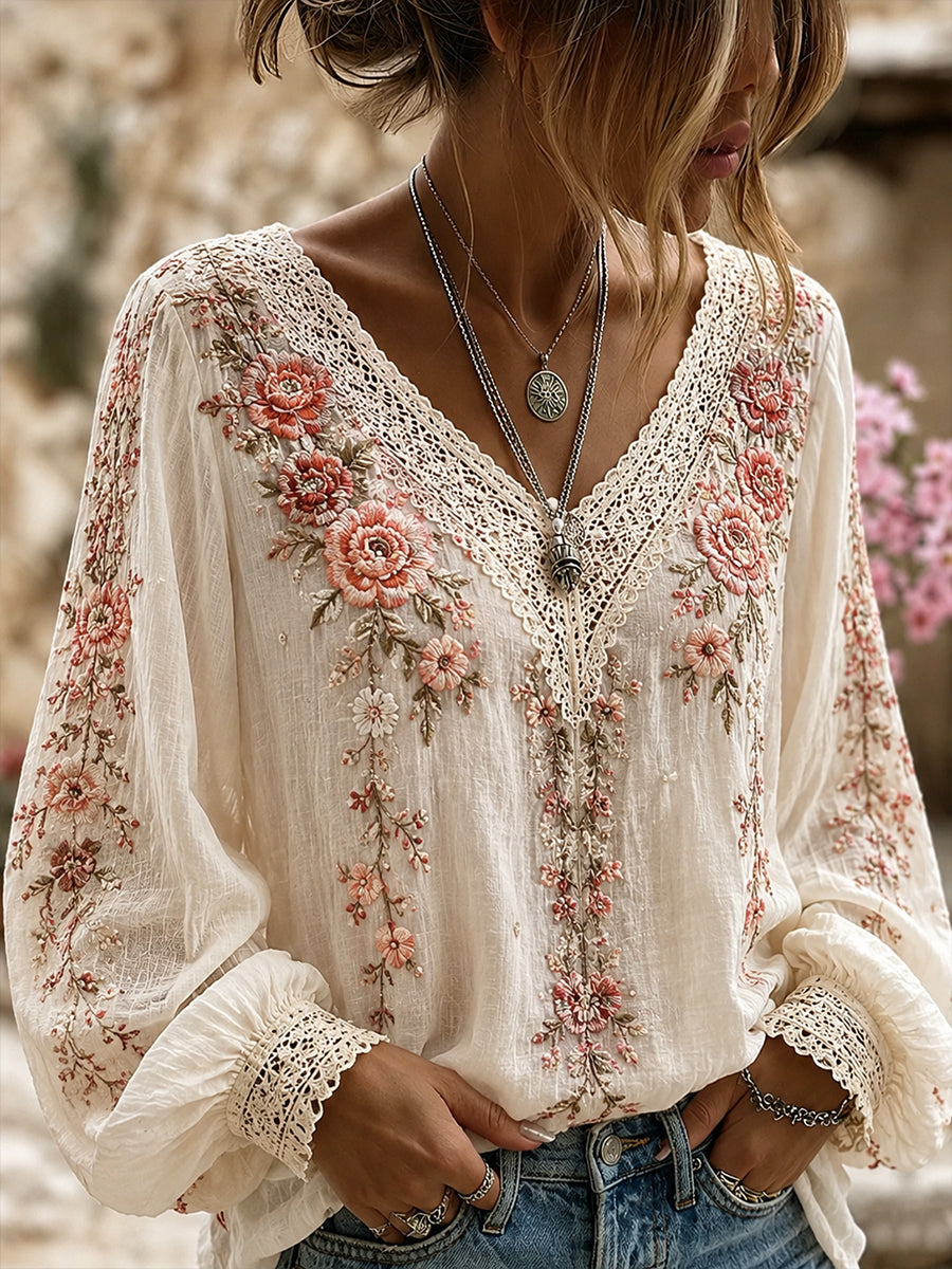 Women's Vintage Floral Art Print Casual Cotton-Linen Top