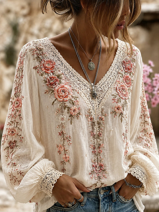 Women's Vintage Floral Art Print Casual Cotton-Linen Top
