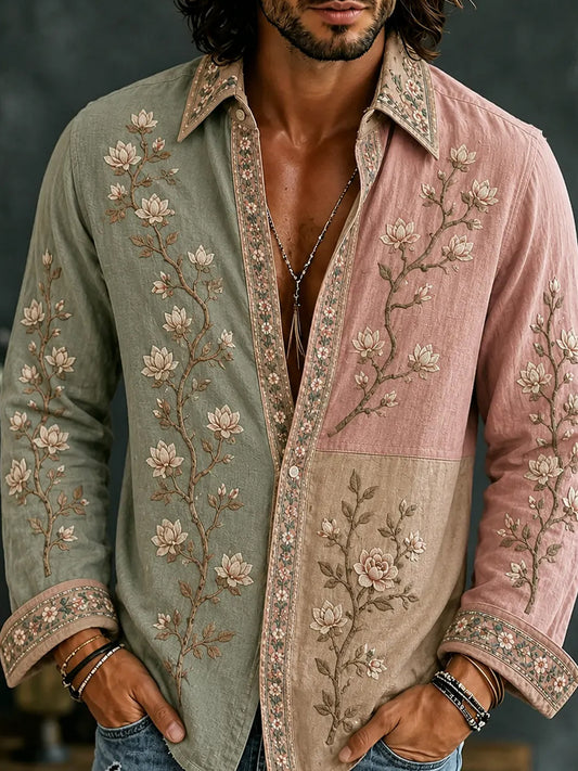 Men's Retro Abstract Art Print Casual Cotton-Linen Shirt