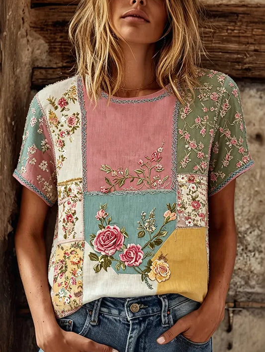 Women's Vintage Floral Art Print Casual Cotton-Linen Top