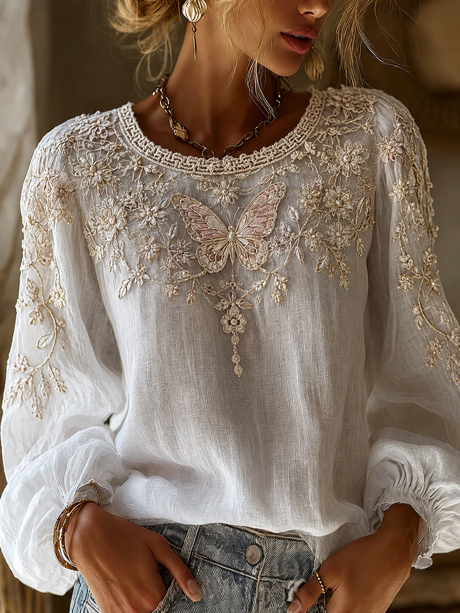Women's Vintage Floral Art Print Casual Cotton-Linen Top
