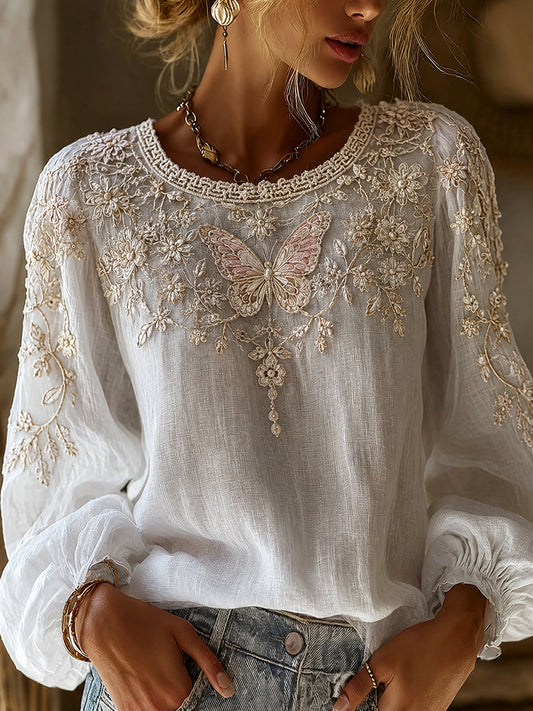 Women's Vintage Floral Art Print Casual Cotton-Linen Top