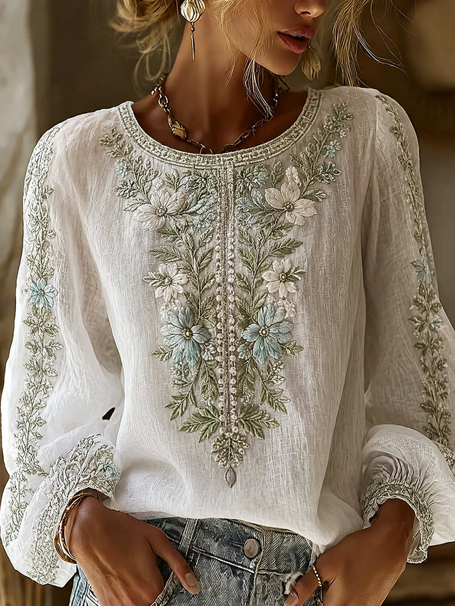 Women's Vintage Floral Art Print Casual Cotton-Linen Top