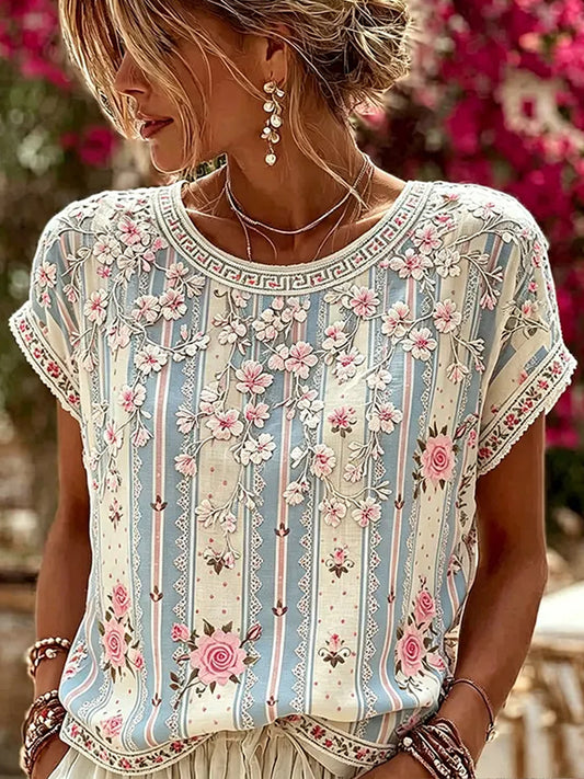 Women's Retro Floral Art Print Casual Cotton Linen Top
