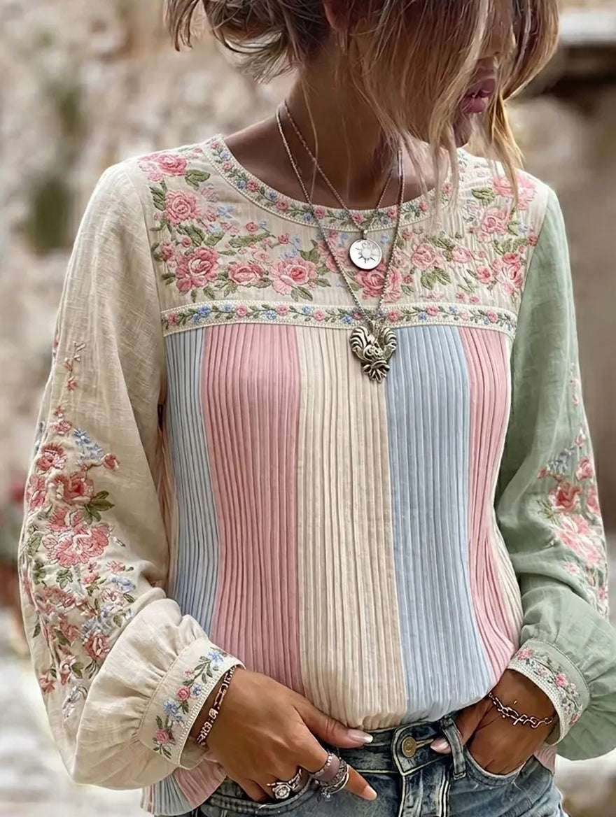 Women's Vintage Floral Art Print Casual Cotton-Linen Top