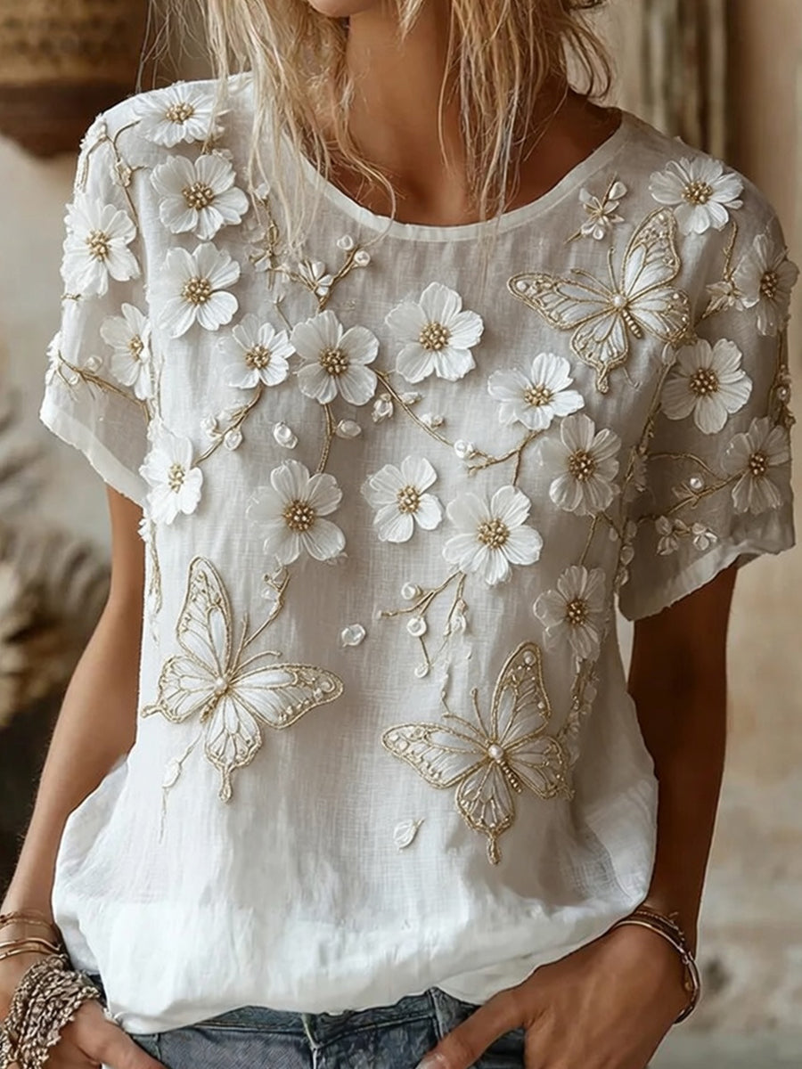 Women's Retro Floral Art Print Casual Cotton Linen Top