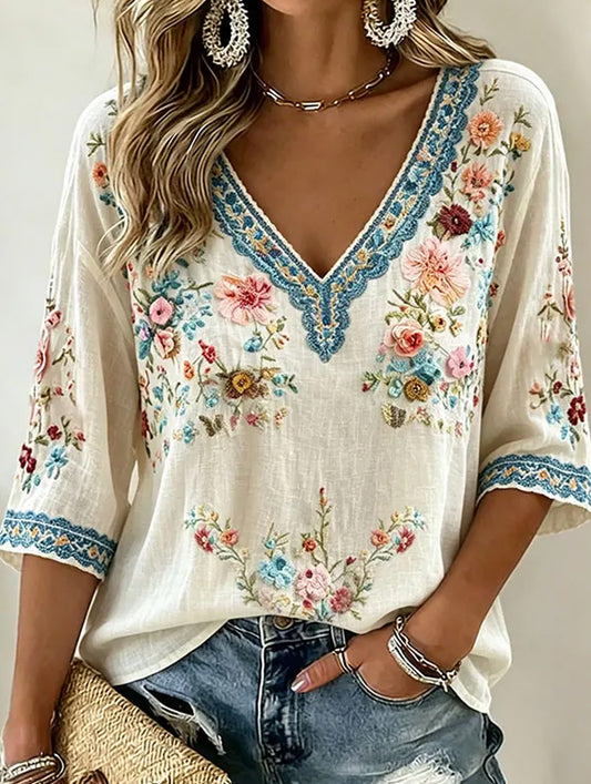 Women's Vintage Floral Art Print Casual Cotton-Linen Top