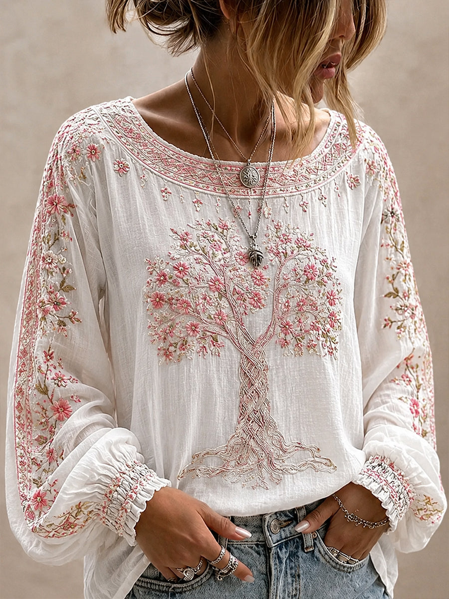 Women's Vintage Floral Art Print Casual Cotton-Linen Top