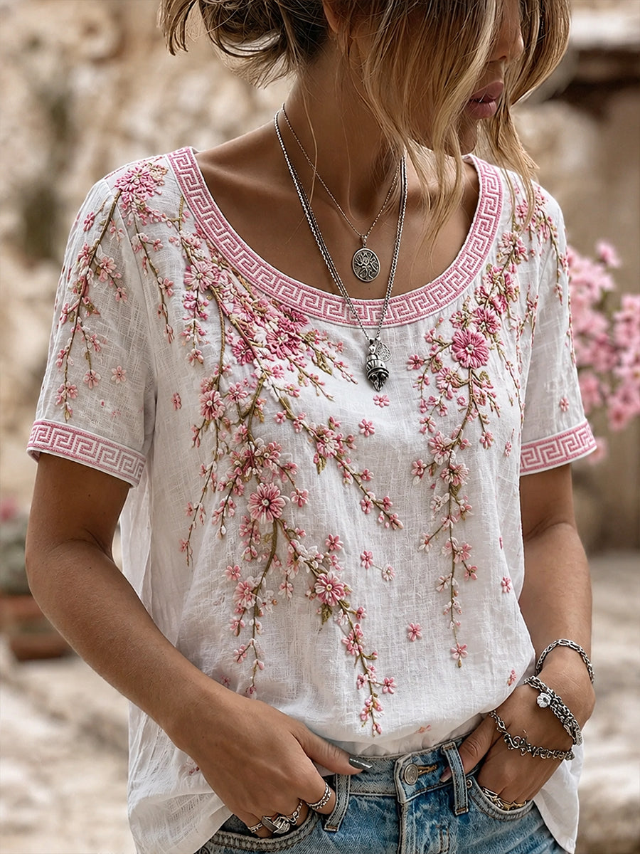 Women's Vintage Floral Art Print Casual Cotton-Linen Top