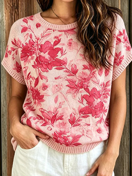 Women's Retro Floral Art Print Casual Cotton Linen Top