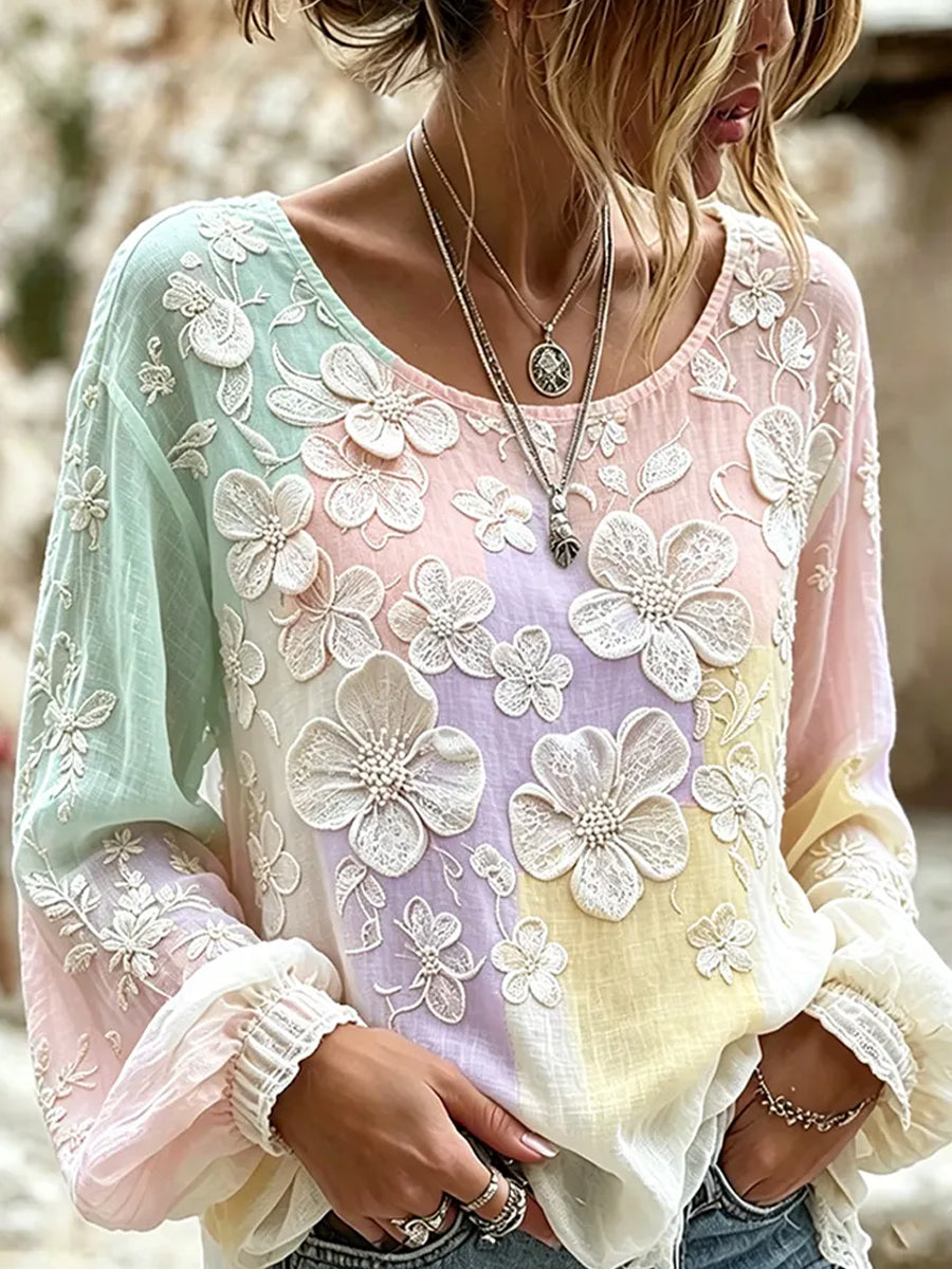 Women's Vintage Floral Art Print Casual Cotton-Linen Top