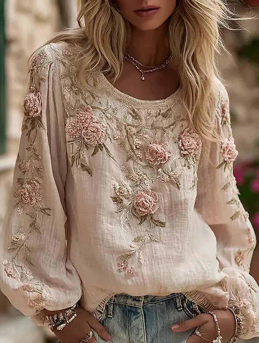 Women's Vintage Floral Art Print Casual Cotton-Linen Top