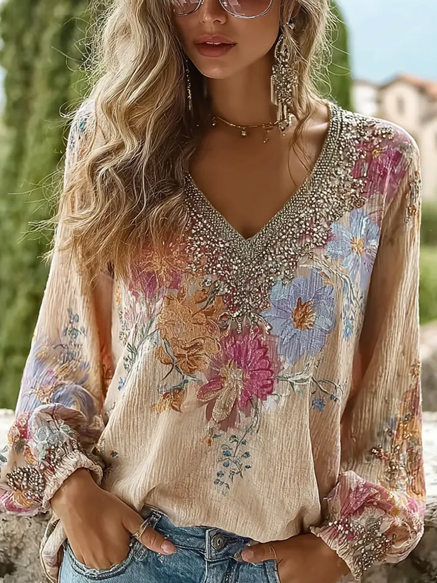 Women's Vintage Floral Art Print Casual Cotton-Linen Top