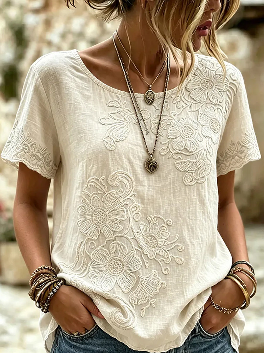 Women's Retro Floral Art Print Casual Cotton Linen Top