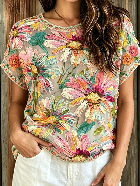 Women's Retro Floral Art Print Casual Cotton Linen Top