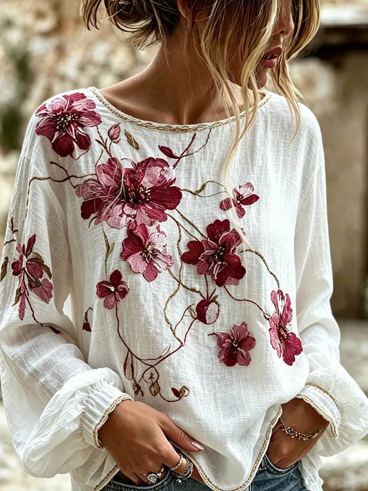 Women's Vintage Floral Art Print Casual Cotton-Linen Top