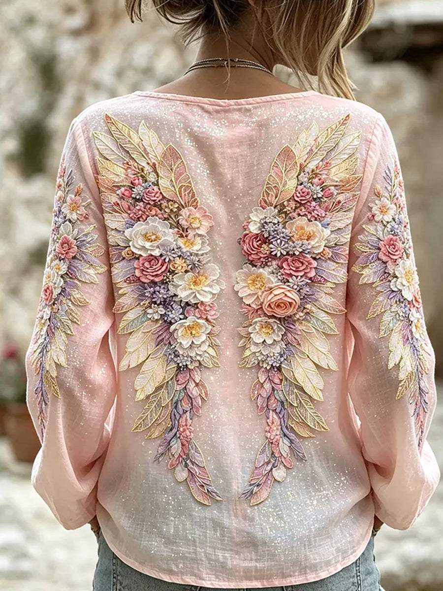 Women's Vintage Floral Art Print Casual Cotton-Linen Top