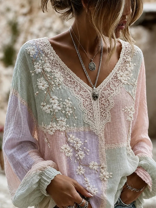 Women's Vintage Floral Art Print Casual Cotton-Linen Top