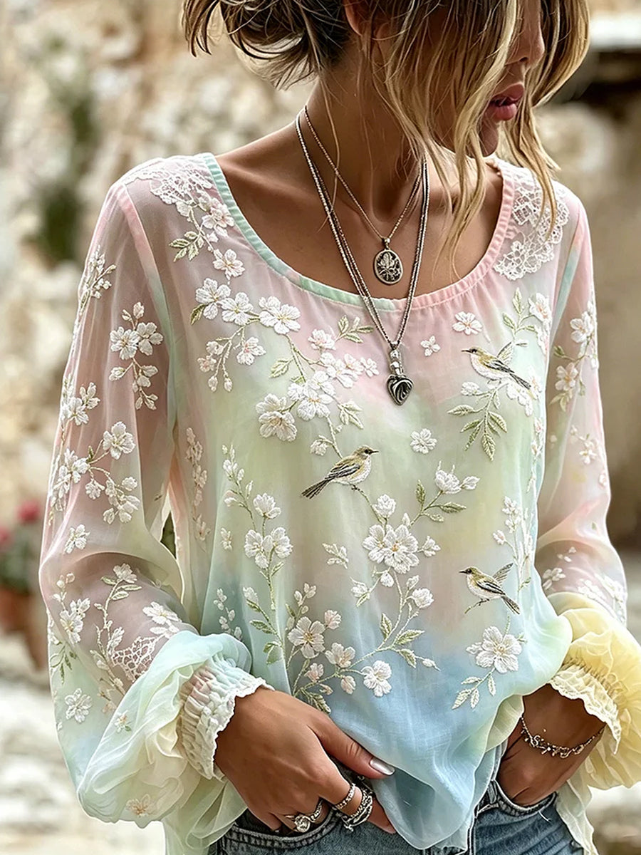 Women's Vintage Floral Art Print Casual Cotton-Linen Top