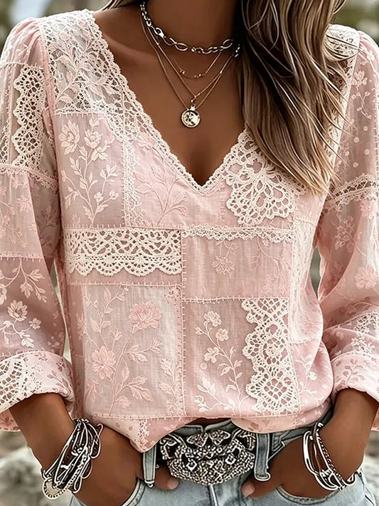 Women's Vintage Floral Art Print Casual Cotton-Linen Top