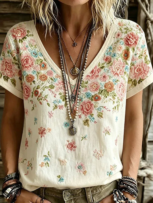 Women's Vintage Floral Art Print Casual Cotton-Linen Top