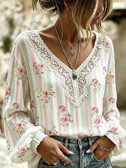 Women's Vintage Floral Art Print Casual Cotton-Linen Top