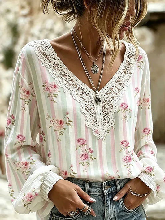 Women's Vintage Floral Art Print Casual Cotton-Linen Top