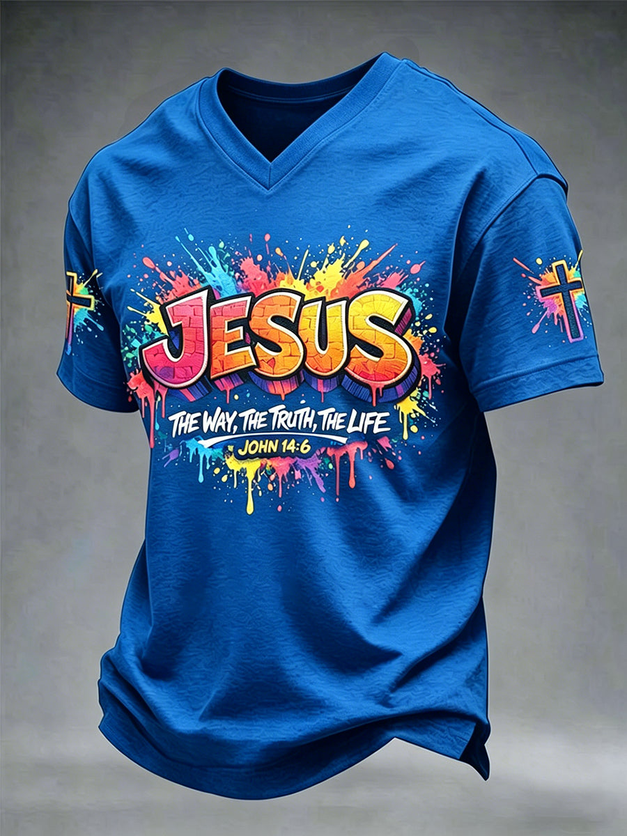 Men's Christian Jesus Cross Short Sleeve V-neck T-shirt