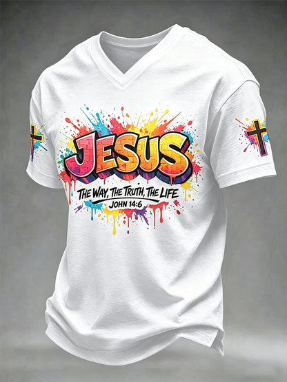 Men's Christian Jesus Cross Short Sleeve V-neck T-shirt