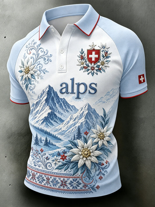 Men's Alpine Floral Print Casual Short-Sleeved Polo Shirt