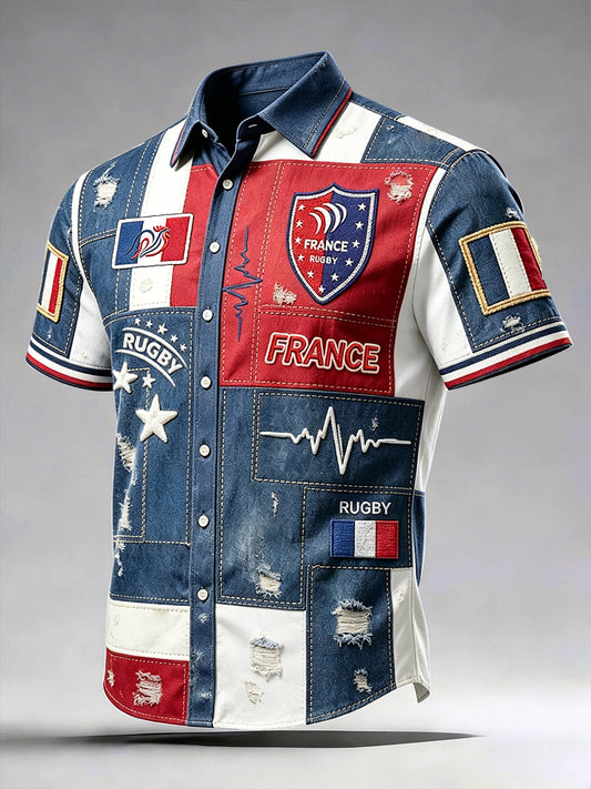 Men's Vintage French Rugby Patchwork Print Casual Short-Sleeved Shirt