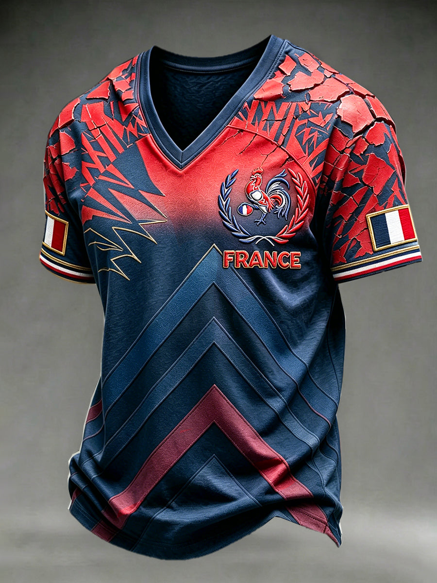 Men's French Rugby Gradient Print Casual V-neck T-shirt