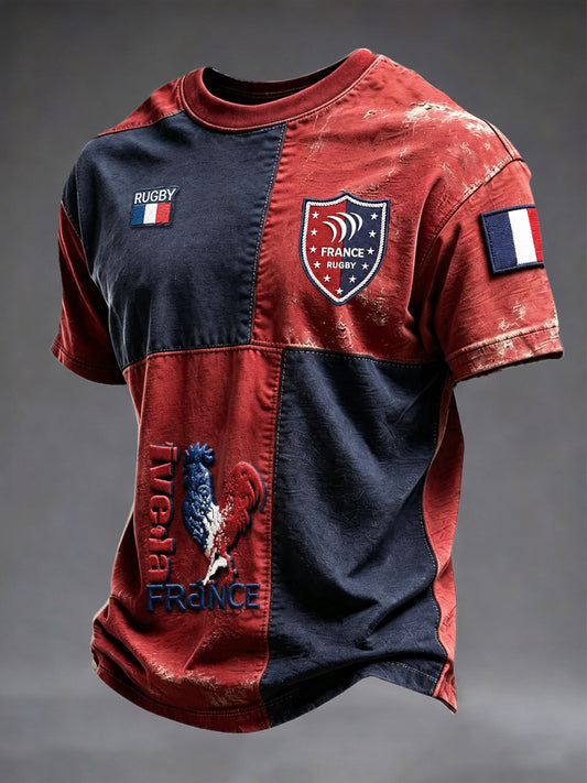 Men's French Rooster Rugby Retro Patchwork Print Casual T-shirt