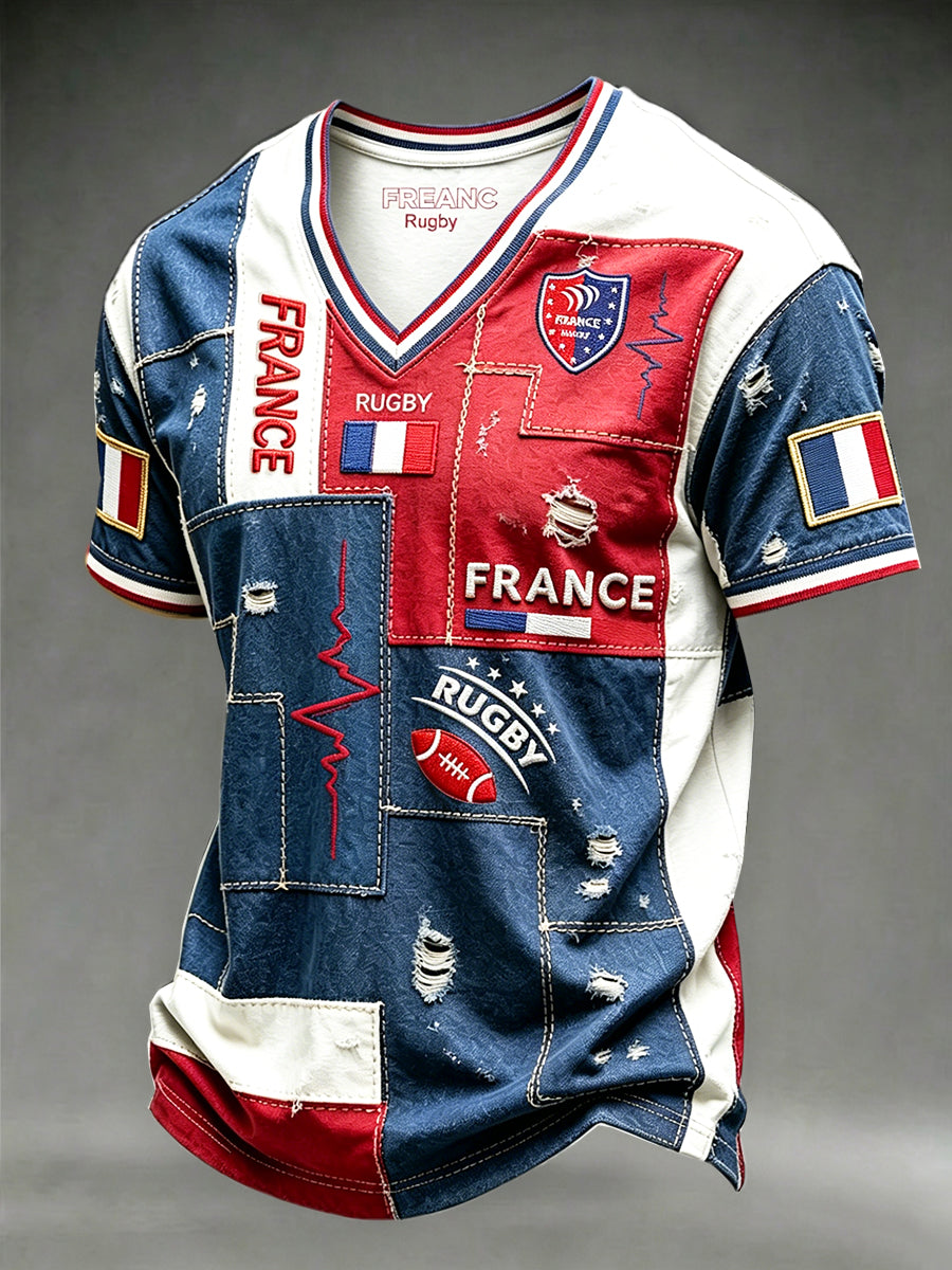 Men's French Rugby Patchwork 3D Distressed Print Casual V-neck T-shirt