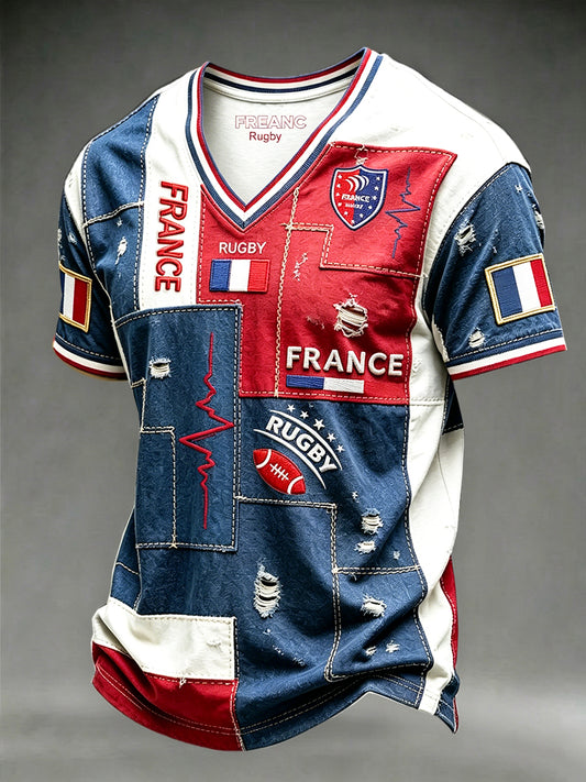 Men's French Rugby Patchwork 3D Distressed Print Casual V-neck T-shirt